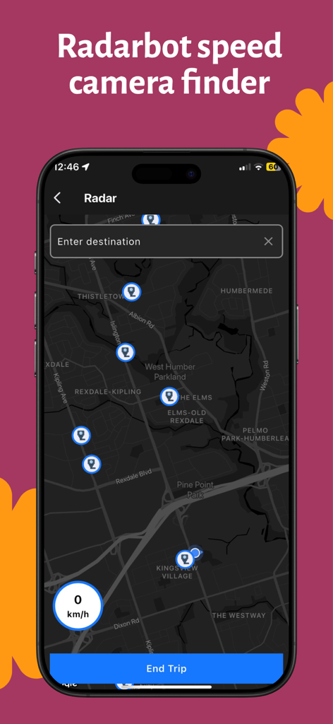 Radar Detector: Police Finder - Dark mode navigation map in Radar Detector app showing speed camera and police icons