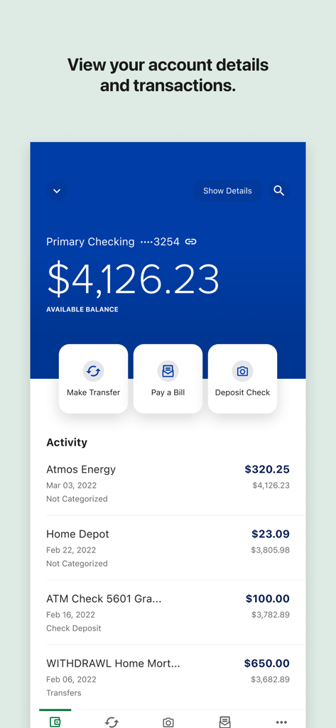 SRP FCU mobile app screen showing checking account balance and transaction history