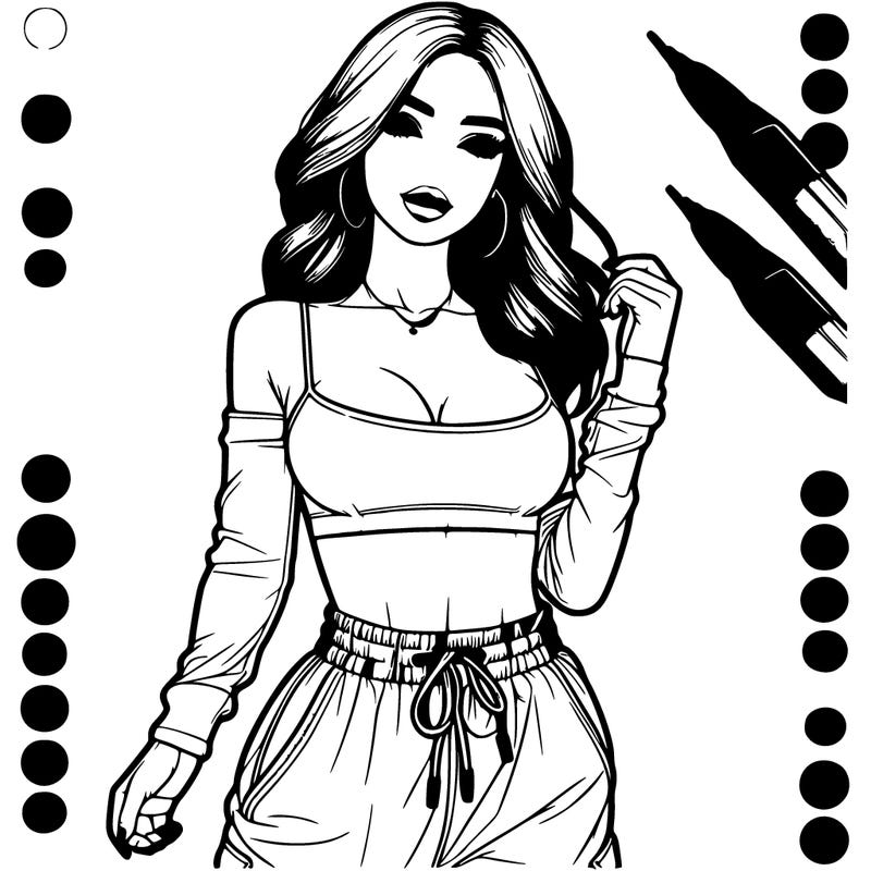 realistic beautiful girl with short crop top and make up and baggy pants