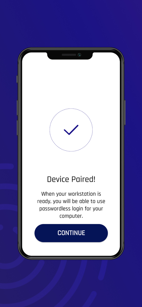 HYPR - Smartphone screen showing HYPR app success message for device pairing to enable passwordless workstation login