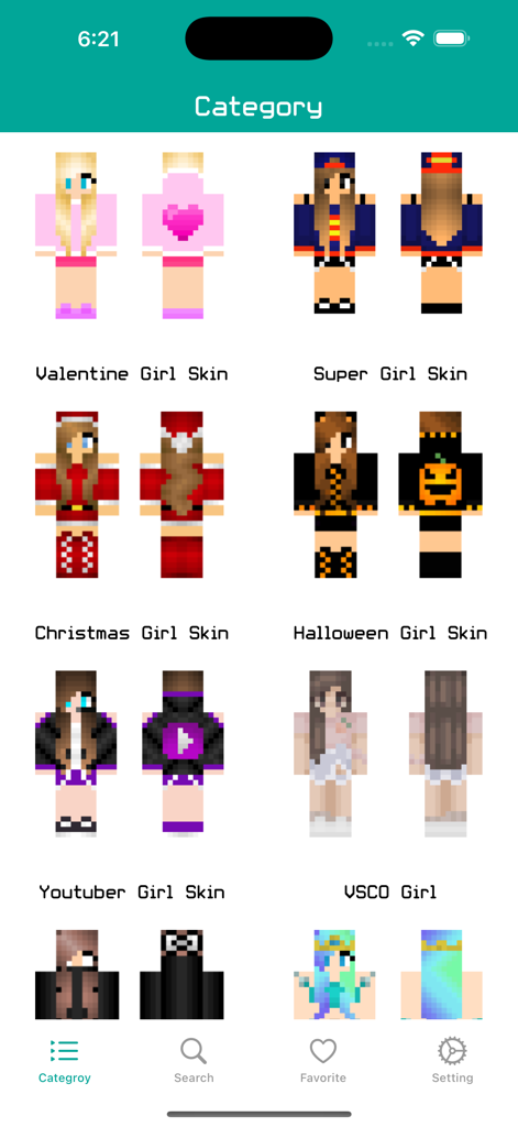 Girl Skins for Minecraft PE !! - Mobile app screen showing a variety of Minecraft girl skins categorized by themes like holiday, superhero, and VSCO aesthetic.
