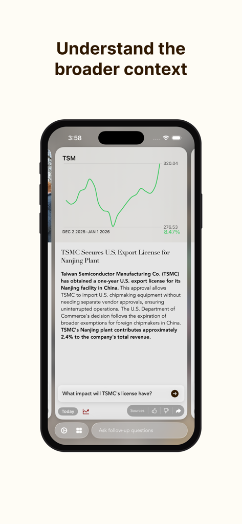 Tela do aplicativo Ponder AI mostrando um artigo de notícia resumido sobre a TSMC com um gráfico de ações e interação de chat de IA.