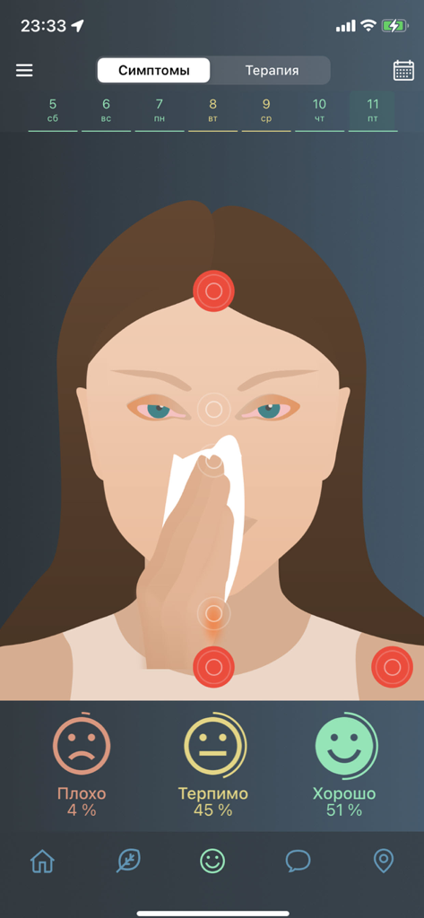 Pollen Club - Allergy symptom tracking interface in the Pollen Club app featuring a human illustration and user well-being percentages