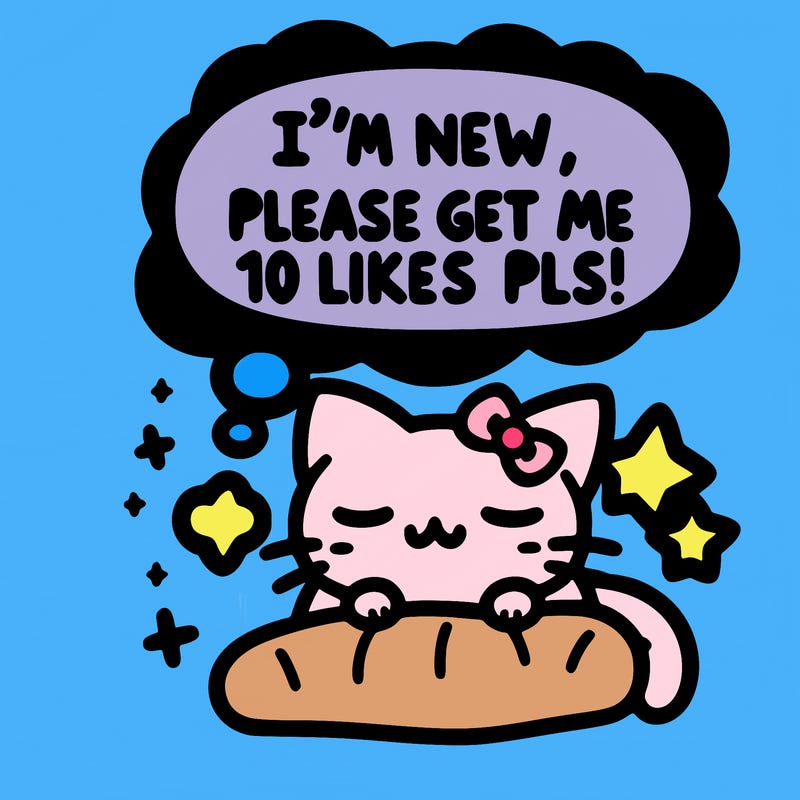 kitty taking a nap dream talking and saying "i'm new, please get me at least 10 likes pls!!"