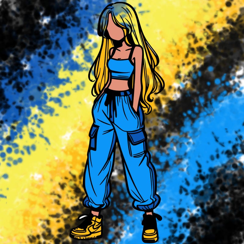 girl in baggy pants crop top and long hair