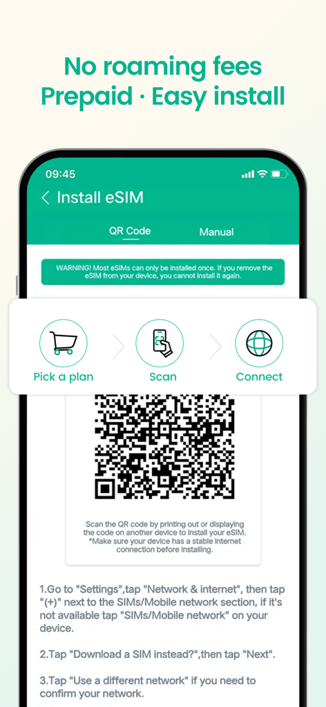 ByteSIM eSIM - Data Plan - Un guide étape par étape dans l'application ByteSIM montrant comment installer une eSIM à l'aide d'un code QR pour éviter les frais d'itinérance.