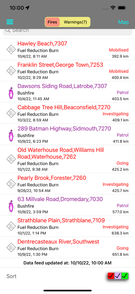 A list of current fire incidents in Tasmania with status and location details within the TAS Fires mobile app