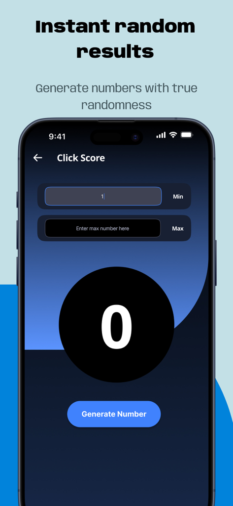 Tự động click : Tự động bấm - Interfaz de aplicación móvil que muestra un generador de números aleatorios con campos de entrada mínimo y máximo y un botón de generar.