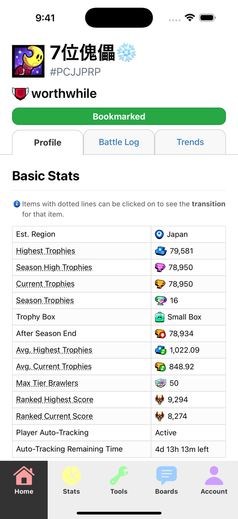 Un profil de joueur détaillé de Brawl Stars dans l'application Brawl Insights montrant des statistiques comme les trophées et les scores classés