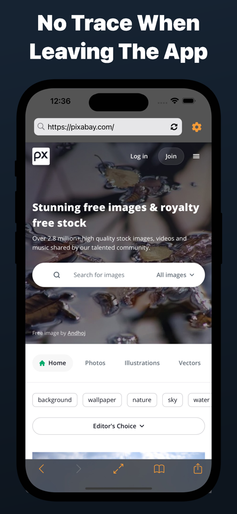 Private Web Browser Incognito - Captura de pantalla de la aplicación Navegador Web Privado Incognito mostrando la función de no dejar rastro al salir de la aplicación