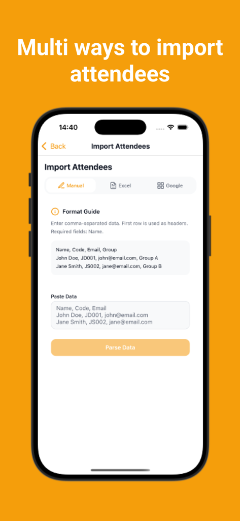 Attendance Tracker Offline - Mobile screen showing multiple ways to import attendees including manual entry excel and google sheets
