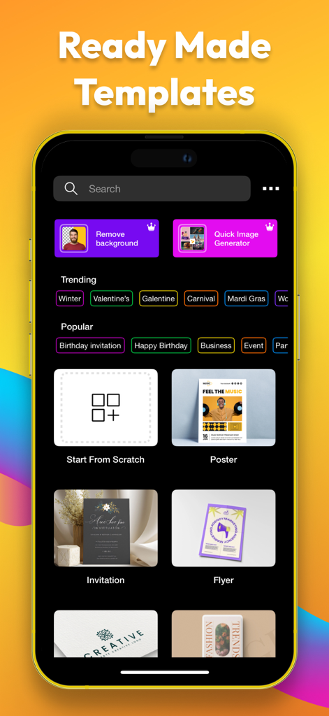 Poster Maker - Crea - Poster Maker Crea app interface featuring ready-made templates for flyers and posters