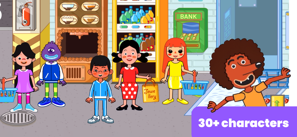 Diverse cartoon characters and a monster in a shopping mall scene featuring a bank ATM and vending machine
