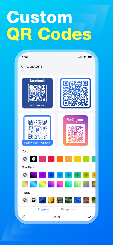 QR Code Scanner Master - Mobile app screen showing custom QR code creation with social media logos and color customization options