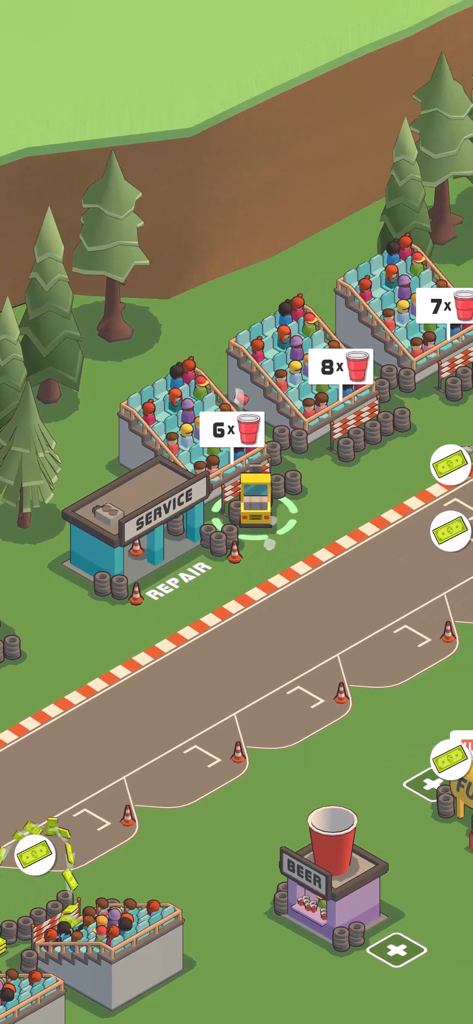 Car Speed Racing - Idle Tycoon - Top down view of a race track service station and bleachers with spectators in Car Speed Racing Idle Tycoon