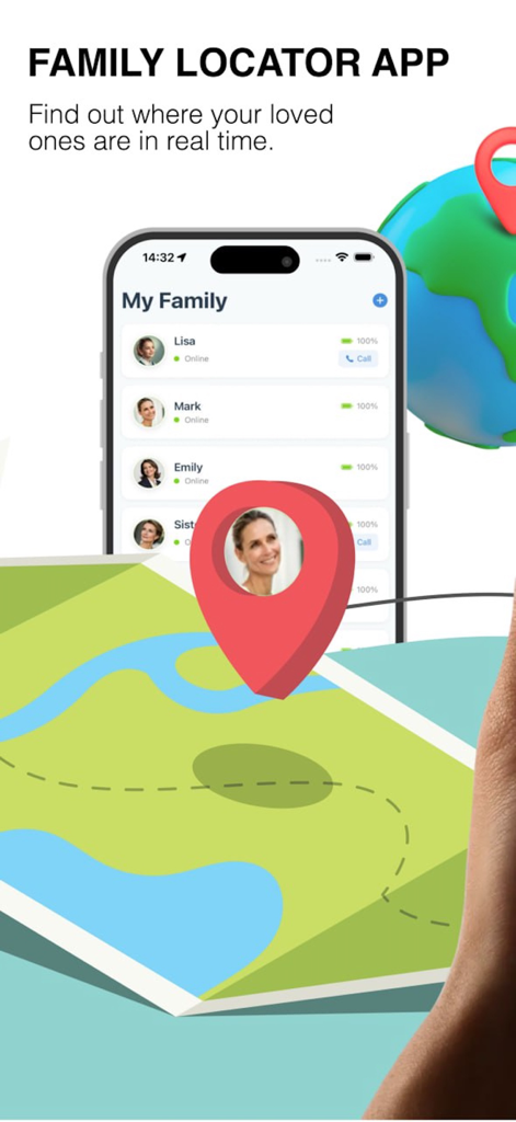 Find My Kids: Location Tracker - Interfaz de la aplicación Find My Kids que muestra una lista de miembros de la familia y un mapa de ubicación en tiempo real.