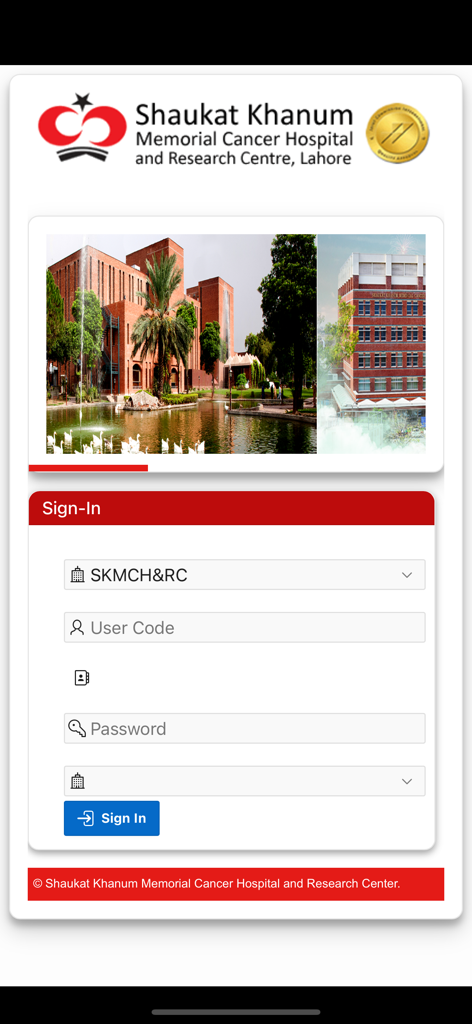 Shaukat Khanum App - Official Shaukat Khanum App sign-in screen with hospital logo and login portal