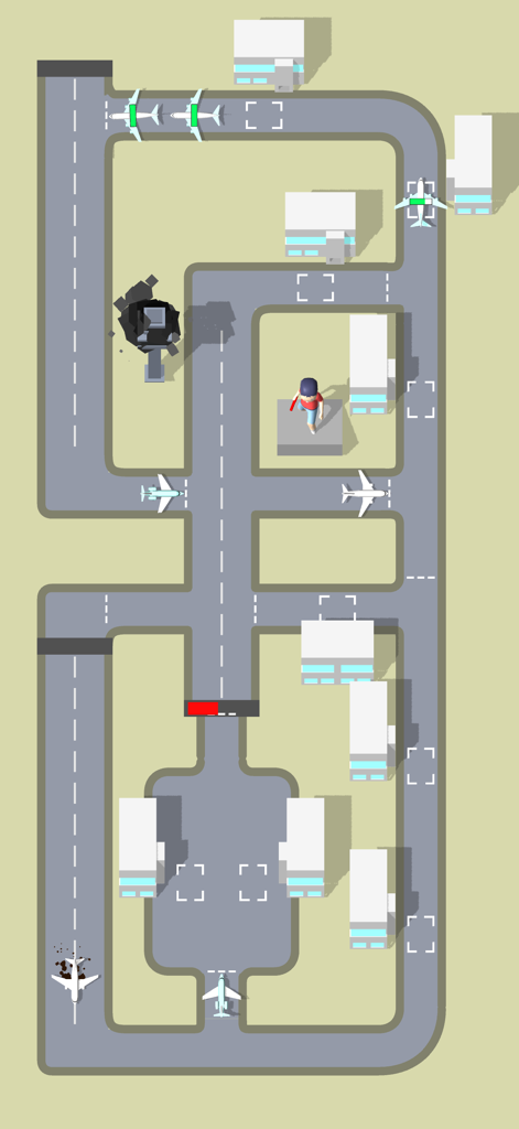 Top down view of an airport management game with planes navigating runways and taxiways