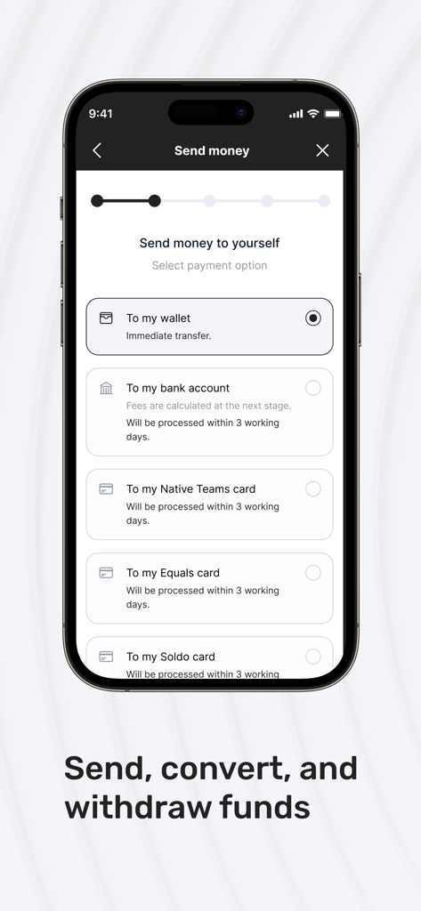 Native Teams - Native Teams app screen showing options to send money to a wallet or bank account