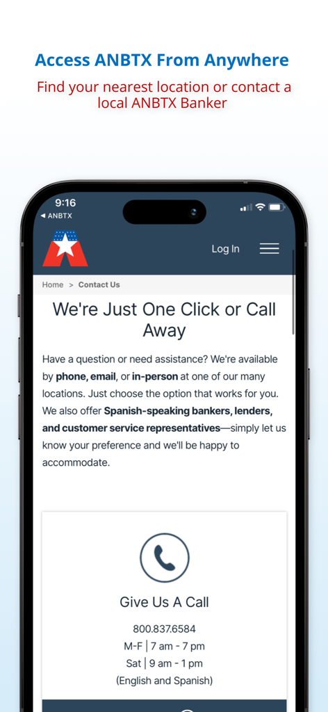 ANBTX Mobile Banking - Contact screen of the ANBTX mobile banking app showing support options and business hours.
