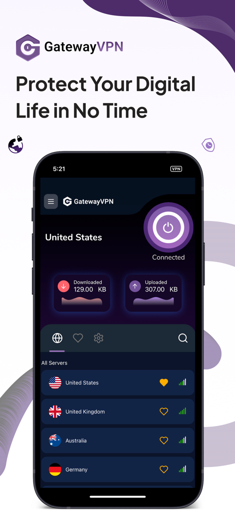 GatewayVPN - GatewayVPNモバイルアプリのインターフェース。米国のサーバーへの安全な接続と、利用可能なグローバルサーバーの場所のリストが表示されています。