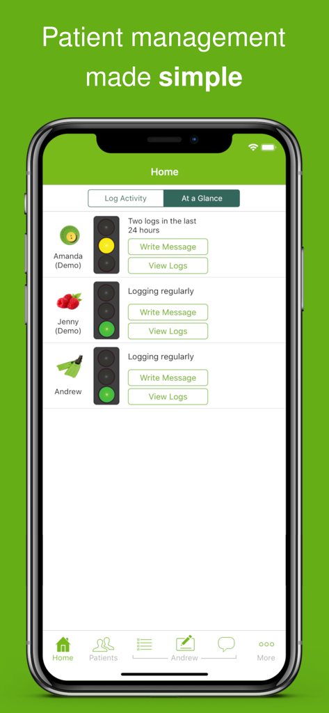 Nourishly for Clinicians dashboard displaying patient logging status and management options.