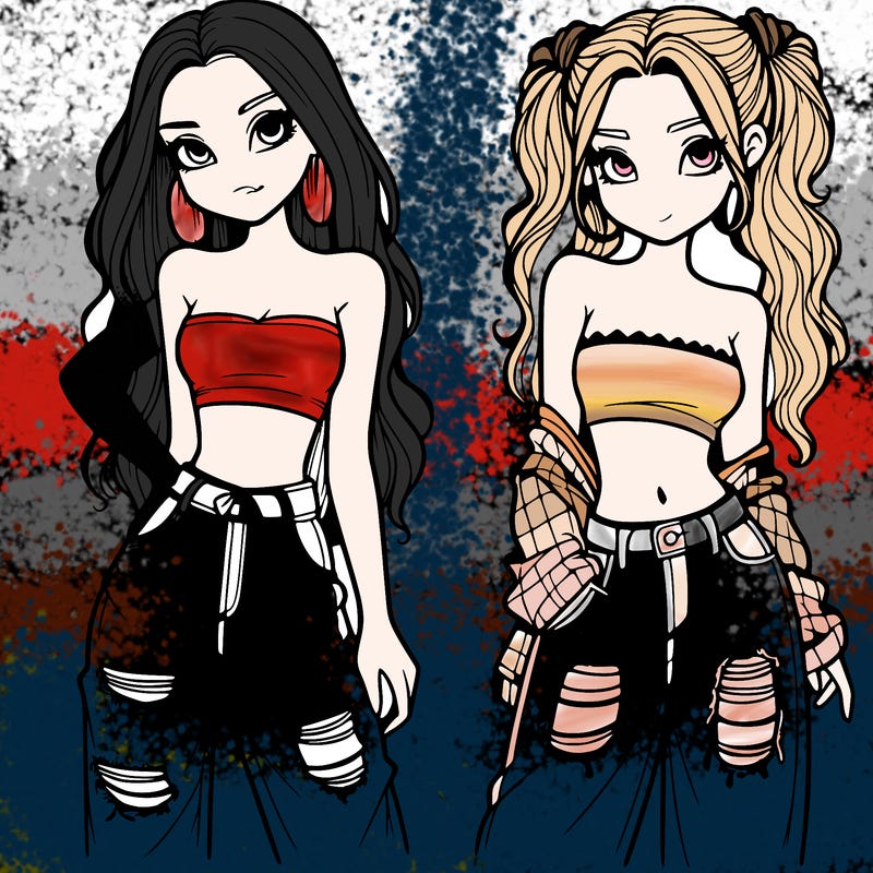 2 girls in crop tops and baggy jeans ripped