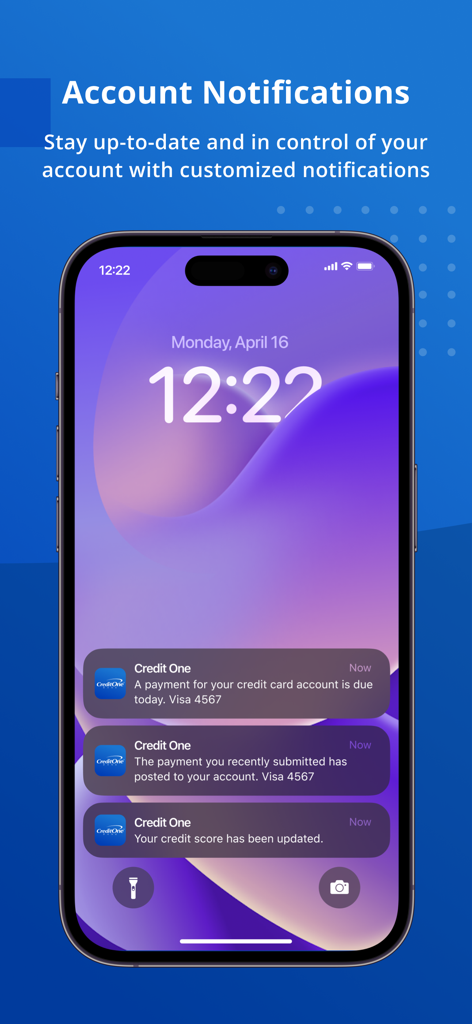 Credit One Bank app notifications on an iPhone lock screen showing payment due reminders and credit score updates