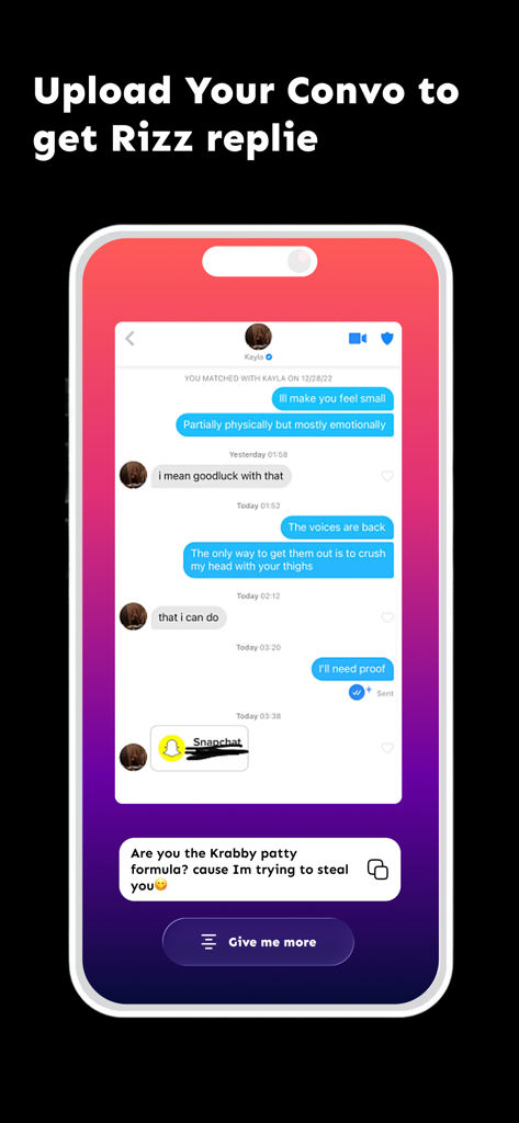 Aura Maxxing app screen showing an AI generated rizz reply for a dating conversation