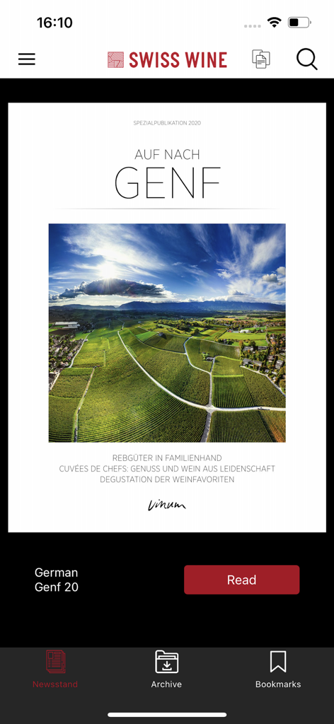 Lo schermo dell'edicola dell'app Swiss Wine con la copertina di una rivista digitale sulla regione vinicola di Ginevra.