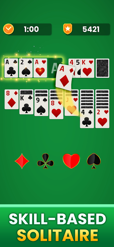Solitaire Crash - Win Cash - Pantalla de juego de Solitaire Crash mostrando una partida de cartas basada en habilidad con temporizador y puntuación