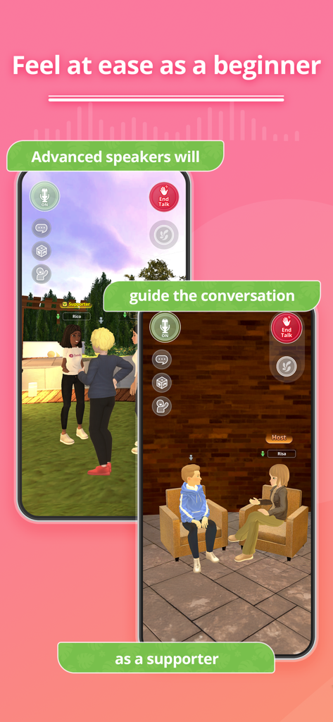 Avatars interacting in virtual spaces on the fondi English conversation app with supporter guidance.