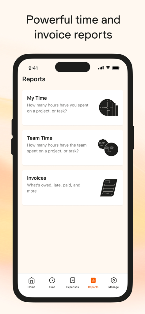 Harvest: Track Time & Invoice - Bildschirm mit Berichten der Harvest-App, der Optionen für Meine Zeit, Teamzeit und Rechnungen anzeigt.
