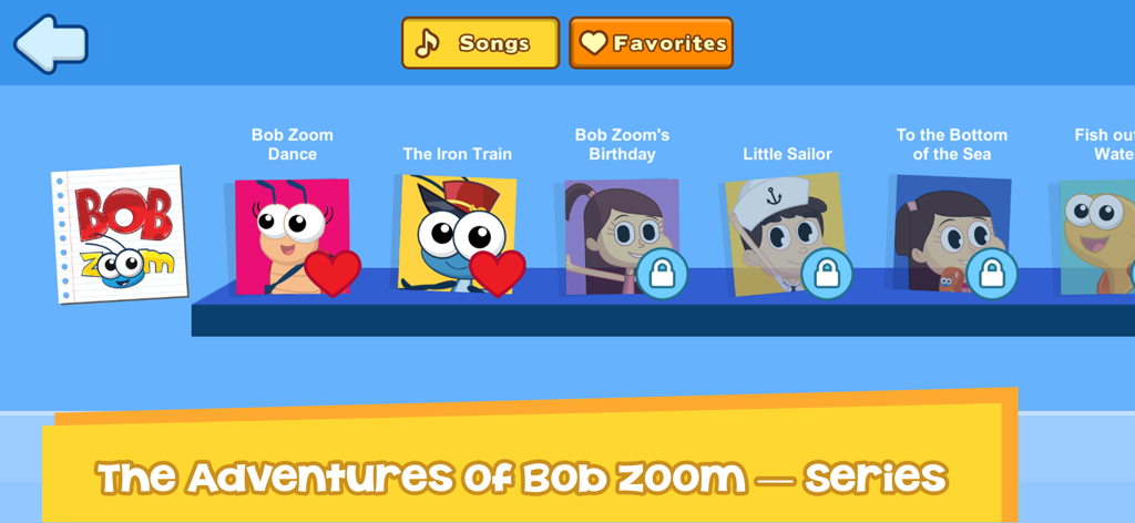 Pantalla de la aplicación Bob Zoom que muestra una selección de videos musicales y canciones para niños