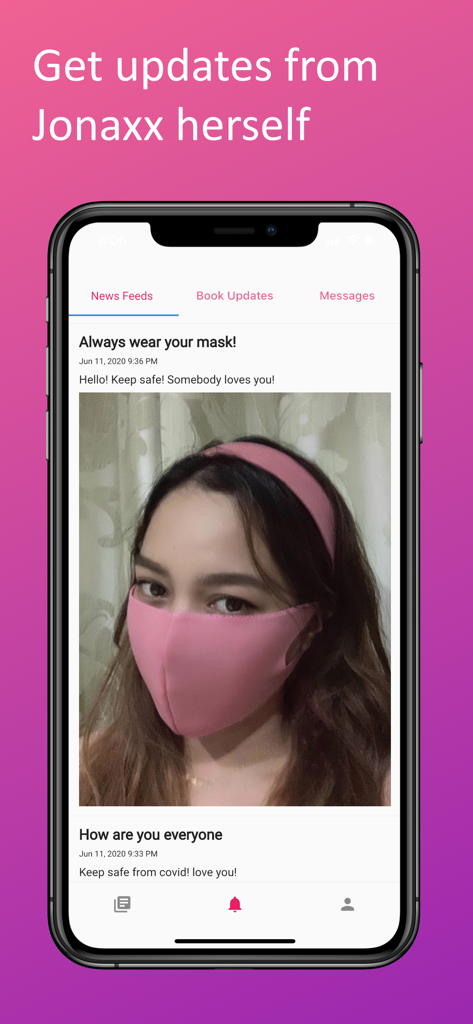 Jonaxx Stories app news feed showing personal updates from the author.