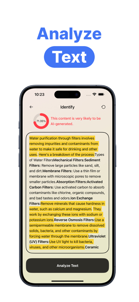 Interface of the AI Checker app showing a text analysis result identifying content as likely AI generated