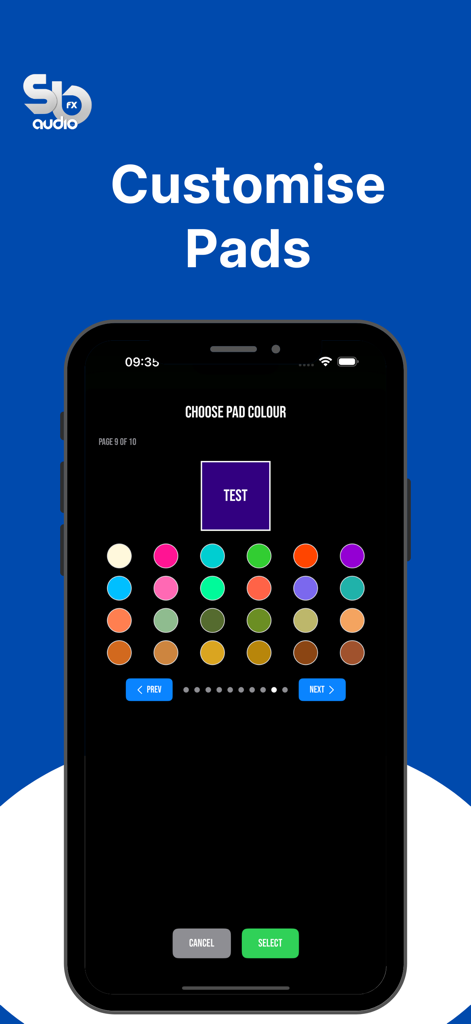 SB AUDIO FX - Oberfläche der SB AUDIO FX App zum Anpassen der Pad-Farben