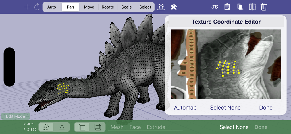 Verto Studio 3D - Texture coordinate editor in Verto Studio 3D with a 3D dinosaur model