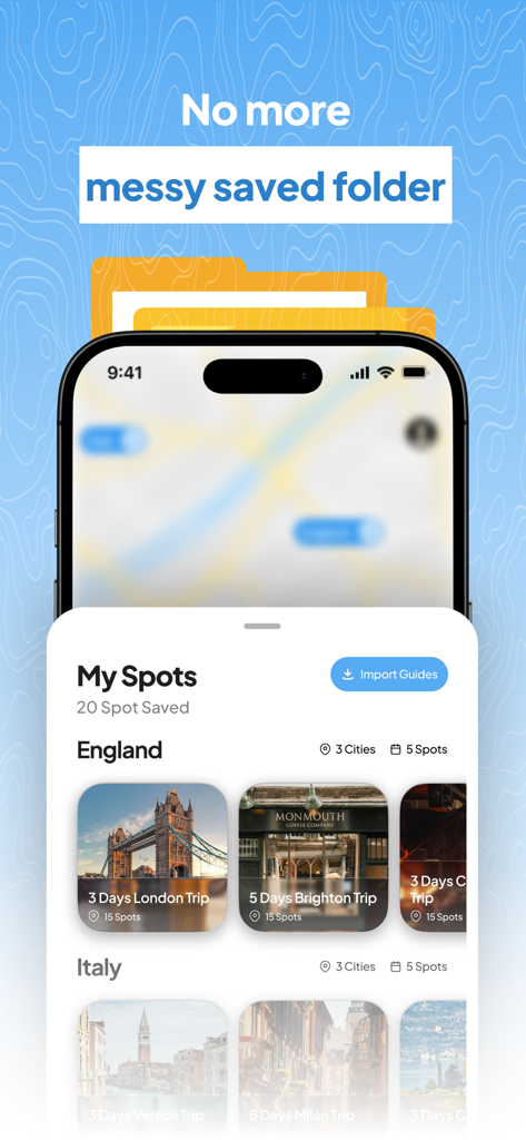 Latera - Save Spot & Plan Trip - Latera app interface showing travel lists for England and Italy with saved spots and city counts