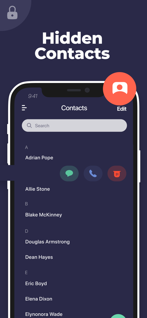 Uma captura de tela mostrando o recurso de contatos ocultos dentro do aplicativo Secret Calculator Photo Vault.