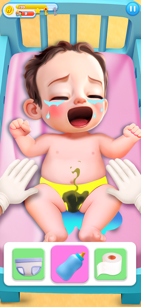 おむつ交換が必要な医療シミュレーションゲームの泣いている赤ちゃん