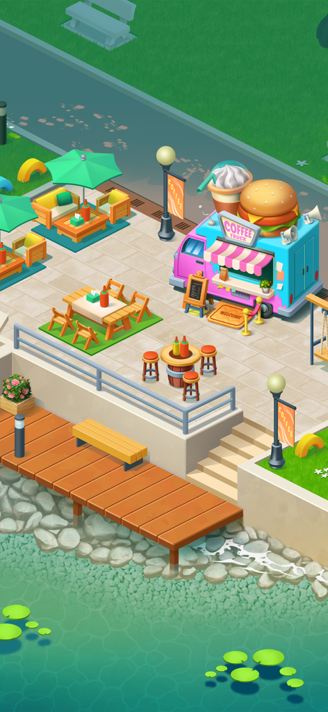 Merge Flavor: Decor Restaurant - Isometric view of a decorated outdoor restaurant with a coffee truck and seating area