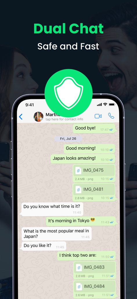 Dual Messenger app interface showing a secure and fast chat with message bubbles and image file attachments.