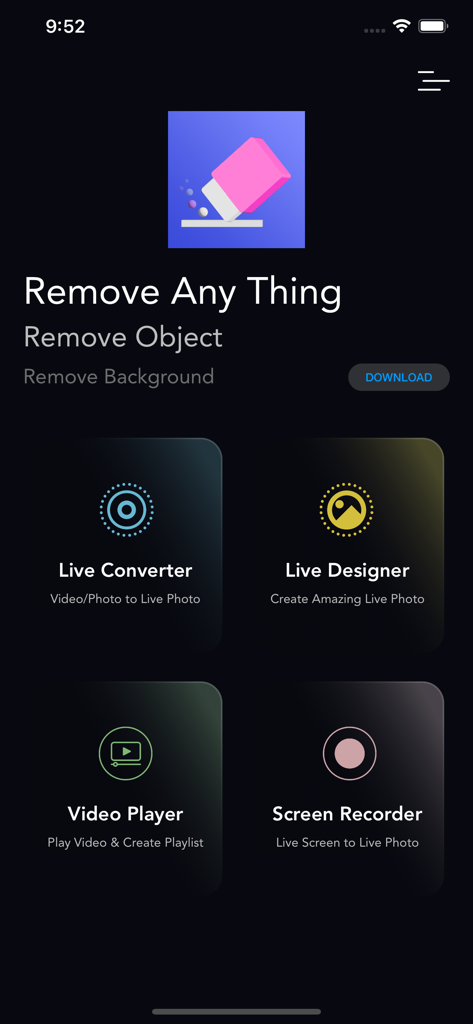 VideoToLive - Main menu of the VideoToLive app showing tools for live photo conversion, design, video playback, and screen recording.