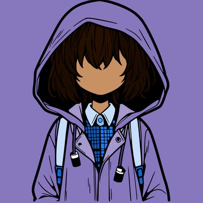 little anime girl in a raincoat her hair is covering her eyes she has a lighter