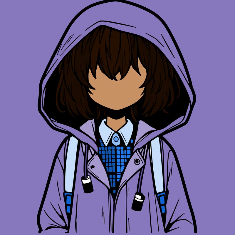 little anime girl in a raincoat her hair is covering her eyes she has a lighter