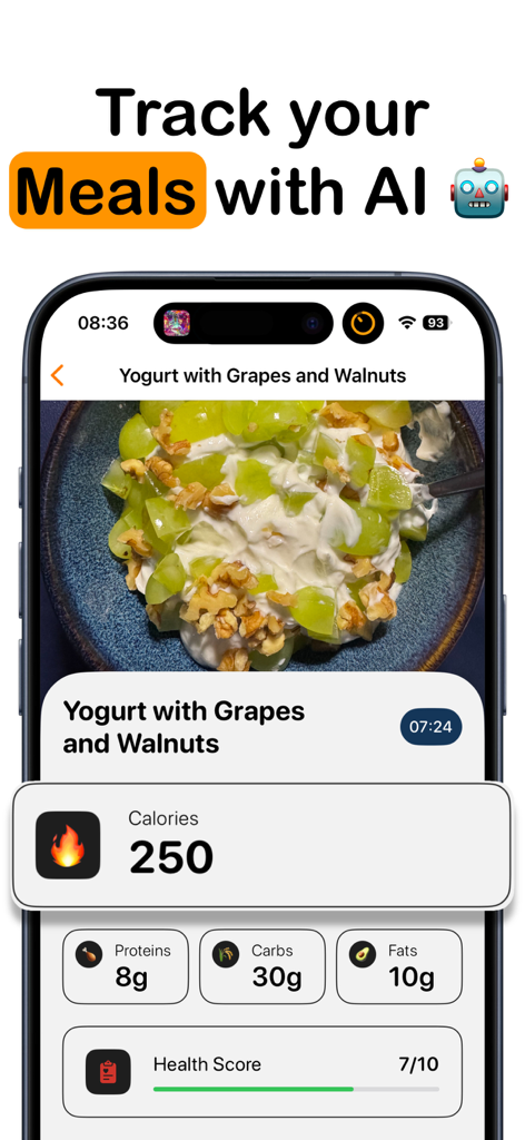 Nutrix AI - AI Meal Tracker - Nutrix AI app interface displaying meal calories and macros after photo recognition of a yogurt bowl