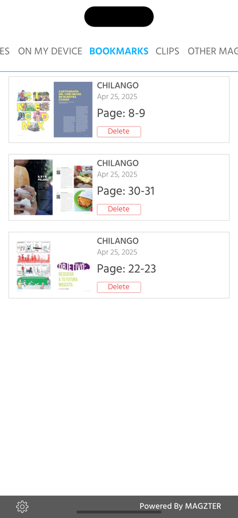 Chilango - Sección de marcadores de la aplicación Chilango mostrando páginas de revistas guardadas y artículos culturales sobre la Ciudad de México.