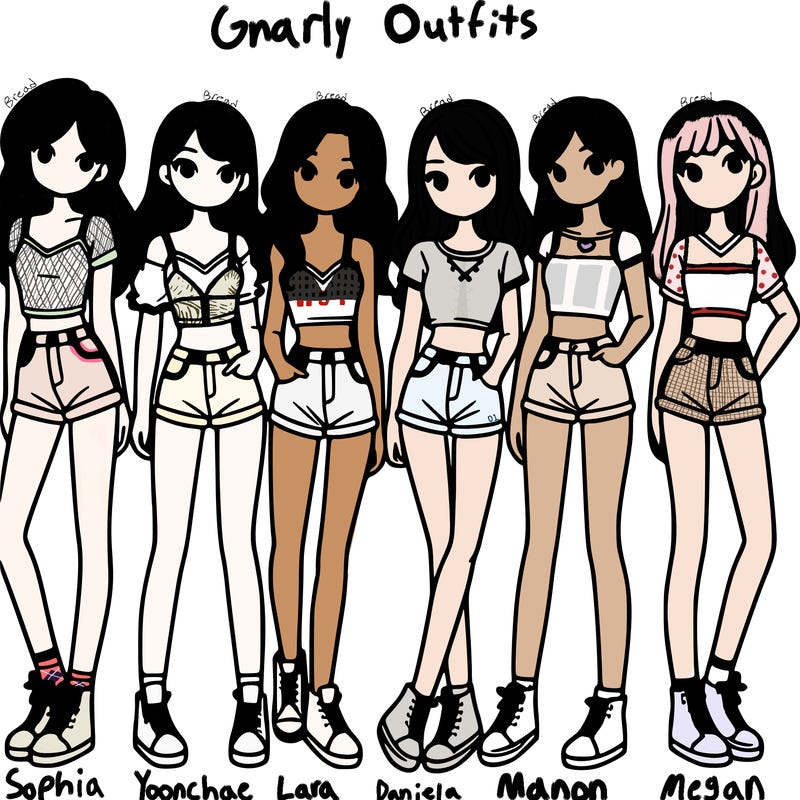 a group of girls wearing crop tops and shorts