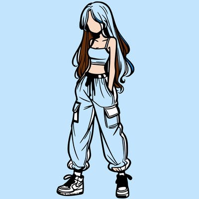 girl in baggy pants crop top and long hair